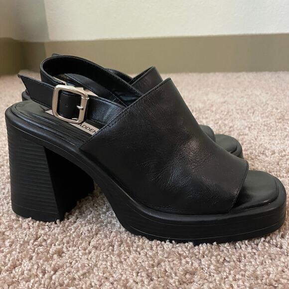 Steve Madden Leather Forza Sandal US 7 Black Block Heel Slingback Chunky Y2K - Picture 2 of 12